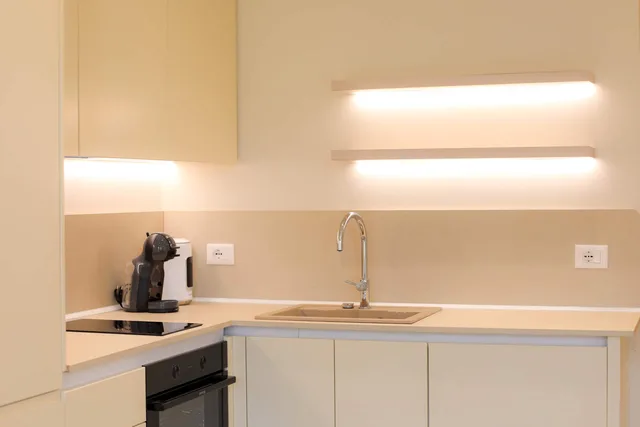Kitchen area with induction hob, sink and coffee machine